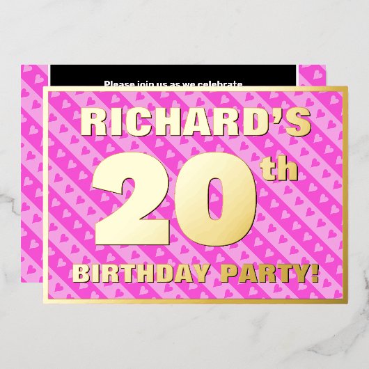 20th Birthday Party —おもしろいピンクのハートとストライプ 箔招待状 (正面/裏面)