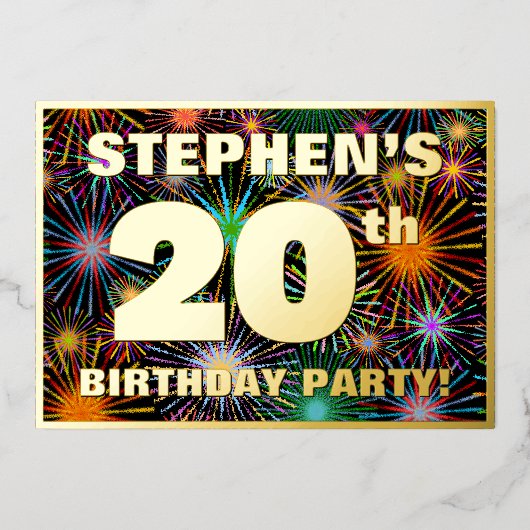 20th Birthday Party —おもしろい、カラフルFireworks Look 箔招待状 (正面)