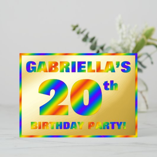 20th Birthday Party —おもしろい、レインボースペクトル「20」 箔招待状 (立ち正面)