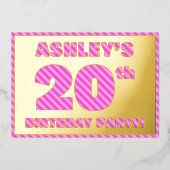 20th Birthday Party —はっきりした、おもしろい、ピンクストライプ色20 箔招待状 (正面)