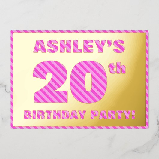 20th Birthday Party —はっきりした、おもしろい、ピンクストライプ色20 箔招待状 (正面)