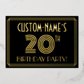 20th Birthday Party —アールデコスタイル「20」 +名前 箔招待状 (正面)