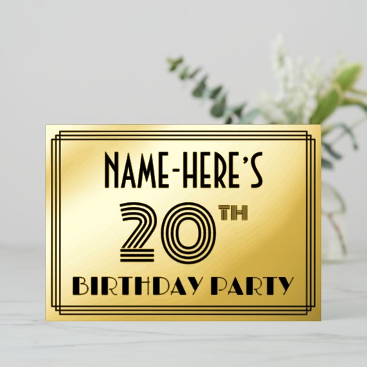 20th Birthday Party —アールデコスタイル「20」 & Name 箔招待状 (立ち正面)