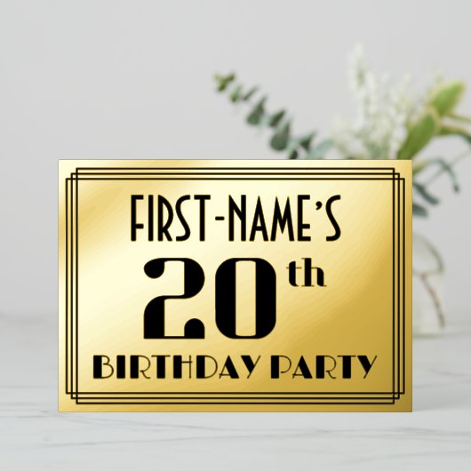 20th Birthday Party:アールデコ「20」と名前 箔招待状 (立ち正面)