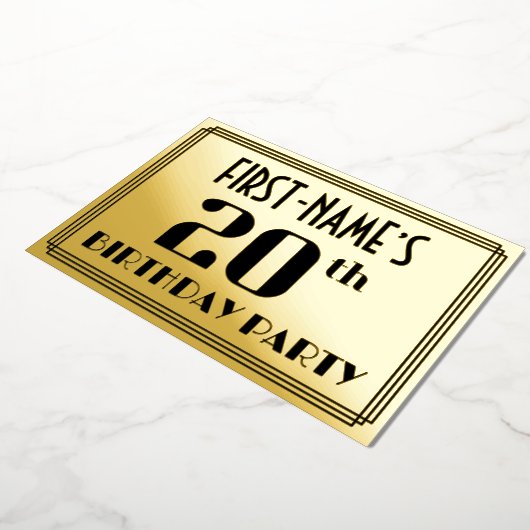 20th Birthday Party:アールデコ「20」と名前 箔招待状 (回転した状態)