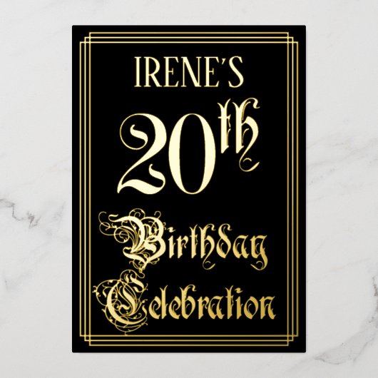 20th Birthday Party – スクリプファンシートと名前をカスタムする 箔招待状 (正面)