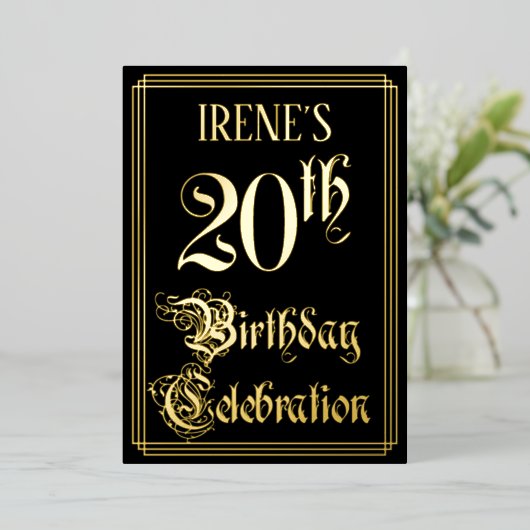 20th Birthday Party – スクリプファンシートと名前をカスタムする 箔招待状 (立ち正面)