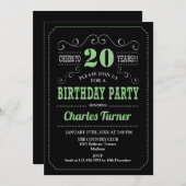 20th Birthday Party – ブラックグリーンホワイト 招待状 (正面/裏面)