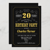 20th Birthday Party – ブラック金ゴールドホワイト 招待状 (正面/裏面)