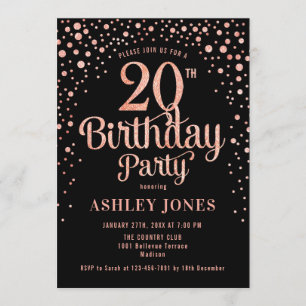 20th Birthday Party – ブラック&バラ金ゴールド 招待状
