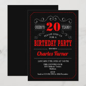 20th Birthday Party – ブラック・レッド・ホワイト 招待状 (正面/裏面)