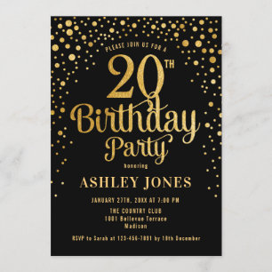 20th Birthday Party – ブラック&金ゴールド 招待状