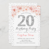 20th Birthday Party – ホワイトシルバーピンク 招待状 (正面/裏面)