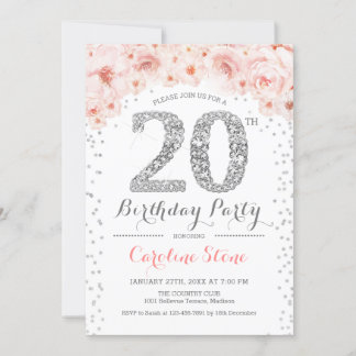 20th Birthday Party – ホワイトシルバーピンク 招待状