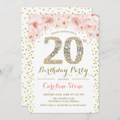 20th Birthday Party – ホワイト金ゴールドピンク 招待状 (正面/裏面)
