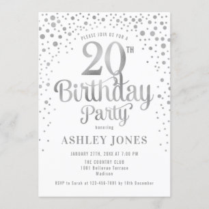 20th Birthday Party – ホワイト&シルバー 招待状
