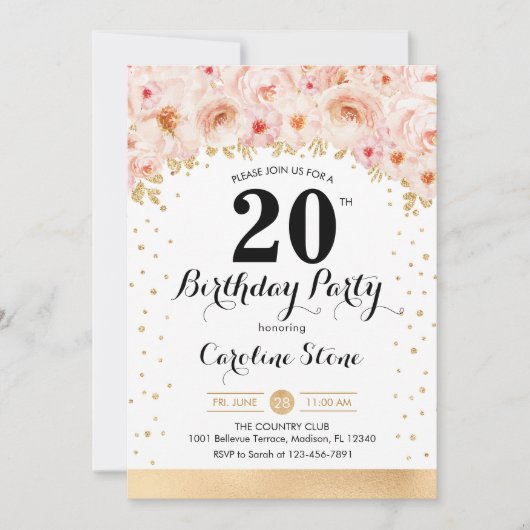20th Birthday Party -金ゴールド花 招待状 (正面)