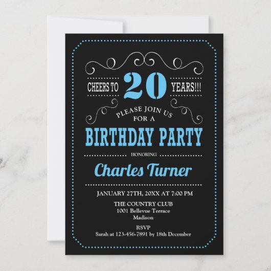 20th Birthday Party - Black Blue White 招待状 (正面)