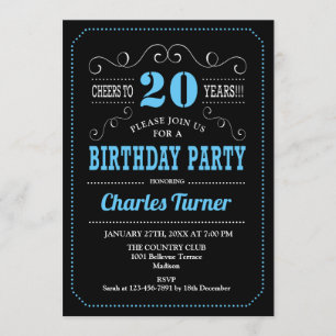 20th Birthday Party - Black Blue White 招待状