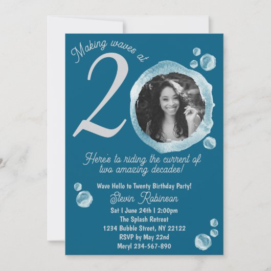 20th Dark Teal Bubbles Birthday Party Invitation 招待状 (正面)