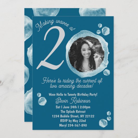 20th Dark Teal Bubbles Birthday Party Invitation 招待状 (正面/裏面)