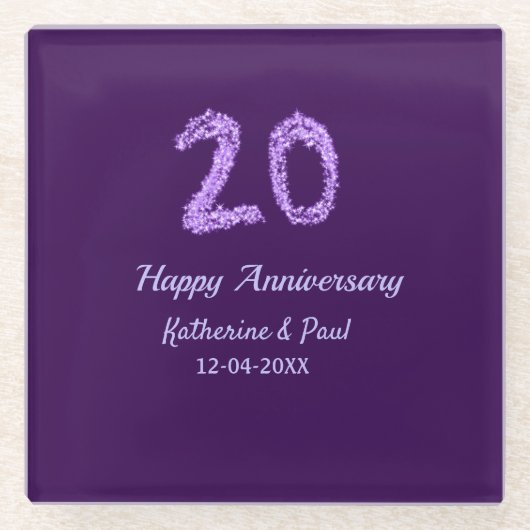 20th happy anniversary追加カップル名date purple ガラスコースター (正面)
