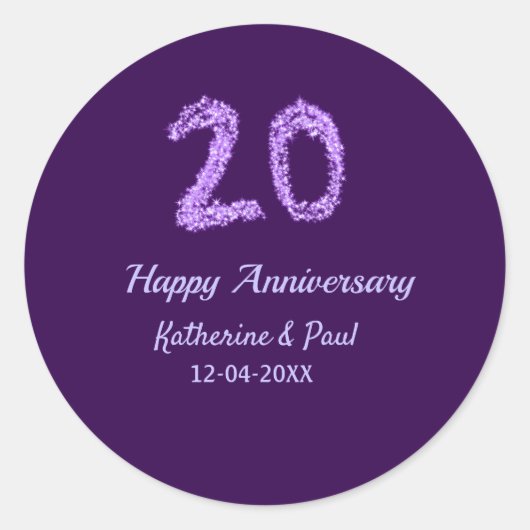 20th happy anniversary追加カップル名date purple ラウンドシール (正面)