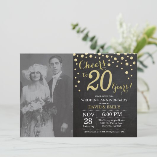 20th Wedding Anniversary Chalkboard Black and Gold 招待状 (スタンド正面)