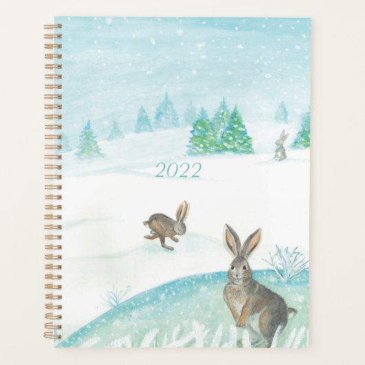 20XXうさぎが雪の上で座ってジャンプ プランナー手帳 (正面)