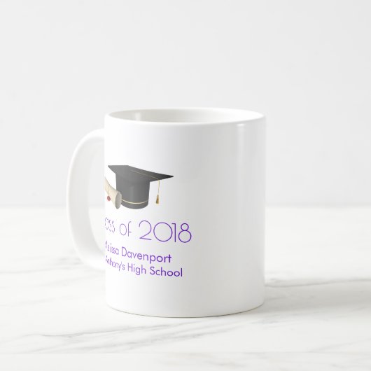 20XXのパープルクラスの卒業式キャップと卒業証書 コーヒーマグカップ (正面左)