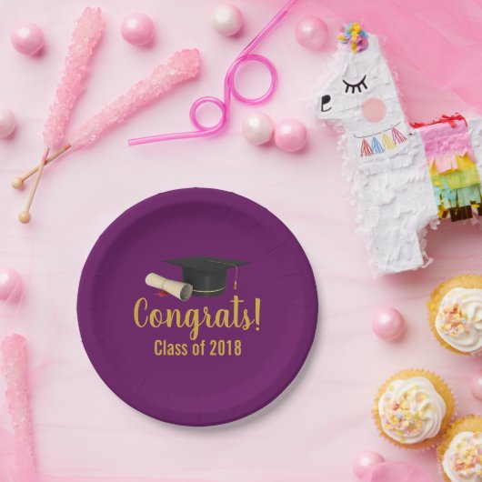 20XXのパープルクラスの卒業式キャップと卒業証書 ペーパープレート (パーティー)