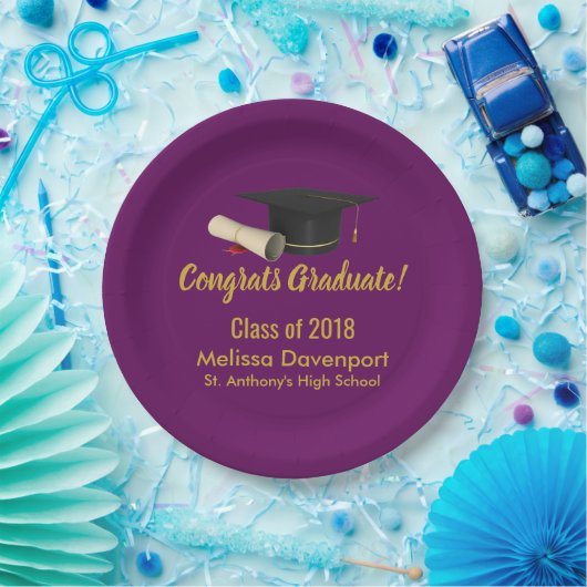 20XXのパープルクラスの卒業式キャップと卒業証書 ペーパープレート (パーティー)