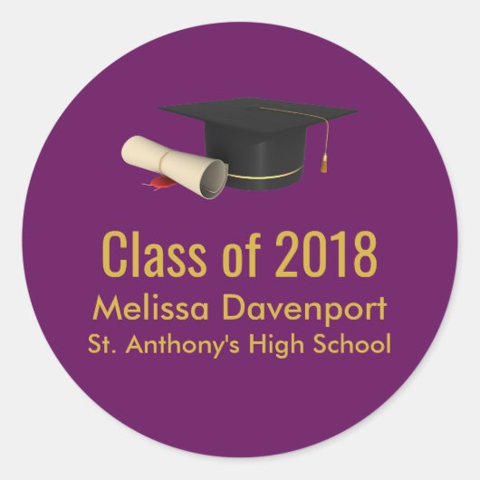 20XXのパープルクラスの卒業式キャップと卒業証書 ラウンドシール (正面)