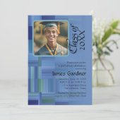 20XXクラスのカラーブロックとストライプブルーフォト 招待状 (スタンド正面)