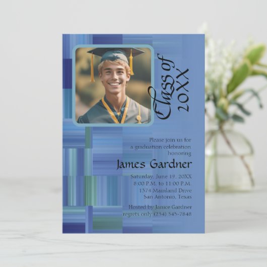 20XXクラスのカラーブロックとストライプブルーフォト 招待状 (スタンド正面)