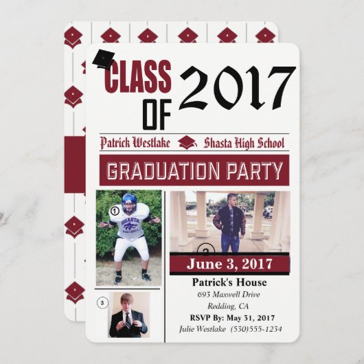 20XXクラスのグラードパーティの招待状- burgandy 招待状 (正面/裏面)
