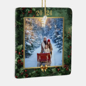 「20XXクリスマス写真の思い出：葉と金ゴールド セラミックオーナメント (右)