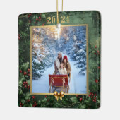 「20XXクリスマス写真の思い出：葉と金ゴールド セラミックオーナメント (左)