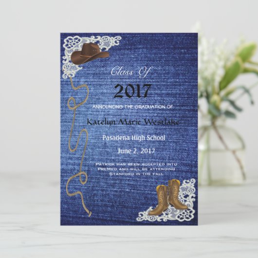 20XXデニム、ブーツ及びレースの卒業の発表 案内状 (スタンド正面)