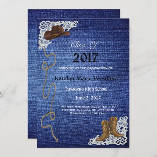 20XXデニム、ブーツ及びレースの卒業の発表 案内状 (正面/裏面)