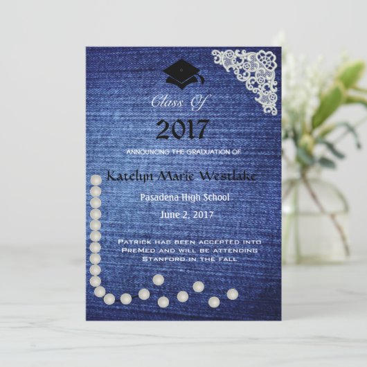 20XXデニム、レース及び真珠の卒業の発表 案内状 (スタンド正面)