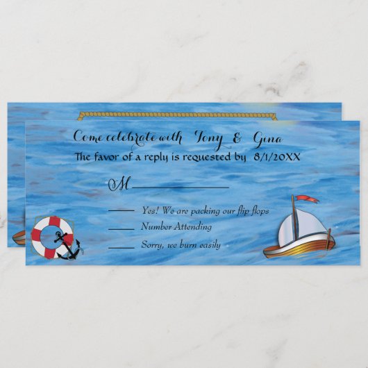 20XX年の手描き水彩画のヨットウェディング・RSVPカード 招待状 (正面/裏面)