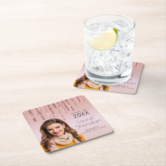 20XX年度卒業生 ピンクグリッター カスタムフォト スクエアペーパーコースター (インサイチュ)