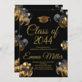 20XX級、黒および金ゴールド気球の卒業 招待状 (正面/裏面)