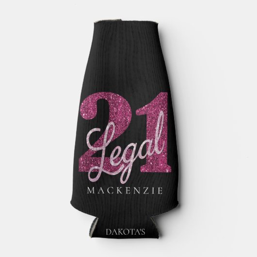 21および法律 |おもしろいピンクフェイクグリッター21歳の誕生日 ボトルクーラー (正面)