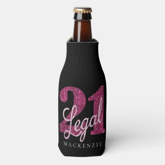 21および法律 |おもしろいピンクフェイクグリッター21歳の誕生日 ボトルクーラー (ボトル正面)