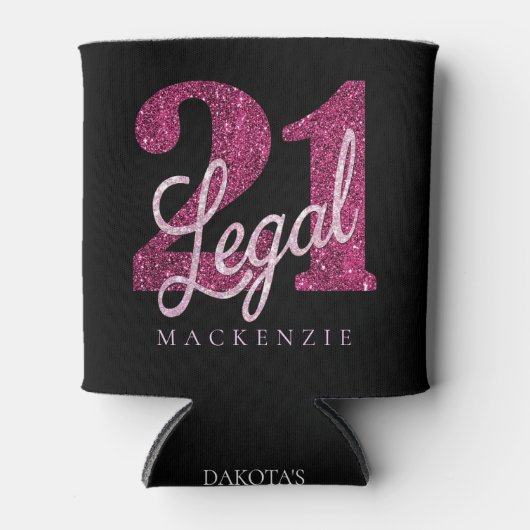 21および法律 |おもしろいピンクフェイクグリッター21歳の誕生日 缶クーラー (正面)