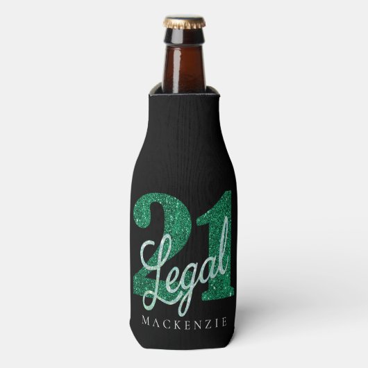 21および法律 |グリーンフェイクグリッター21歳の誕生日 ボトルクーラー (ボトル正面)