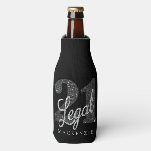 21および法律 |シルバーフェイクグリッター21歳の誕生日 ボトルクーラー (ボトル正面)