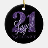 21および法律 |パープルフェイクグリッター21歳の誕生日 セラミックオーナメント (正面)